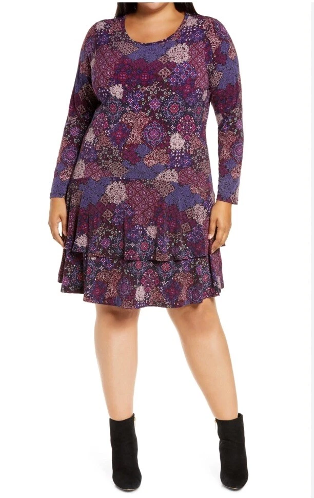 MICHAEL KORS Abito a maglia Michel Kors viola nero orlo a dondolo taglia 2X nuovo $110