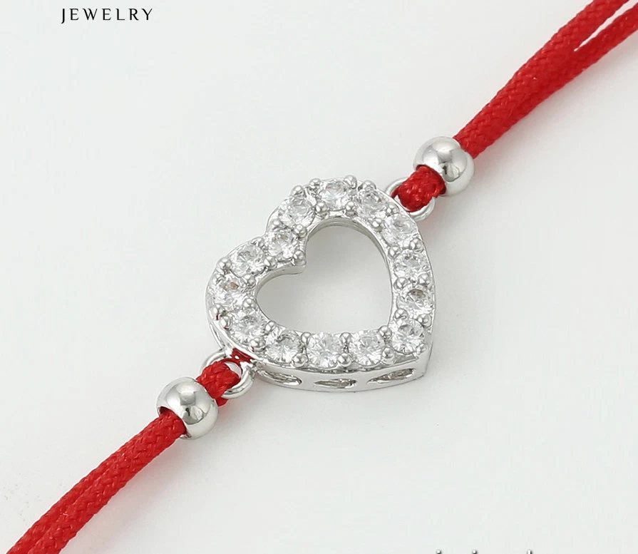 Herz Armband mit Zirkonia Kristallen Nieten Kordel Rot Silber Neu - Bild 3 von 4