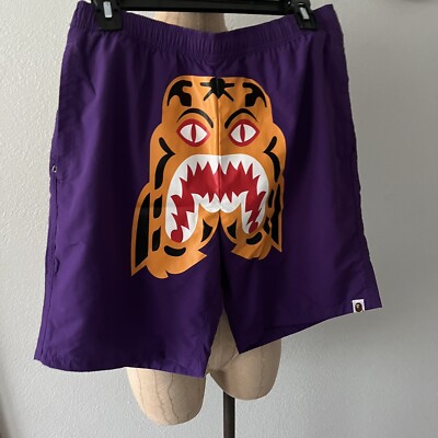 BAPE Purple Tiger SHORTS sz M Bathing Ape Japan Polyester Elastic