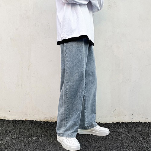 Men Straight Leg Denim Pants Elastic Waist Drawstring Distressed Loose Trousers - Picture 8 of 10