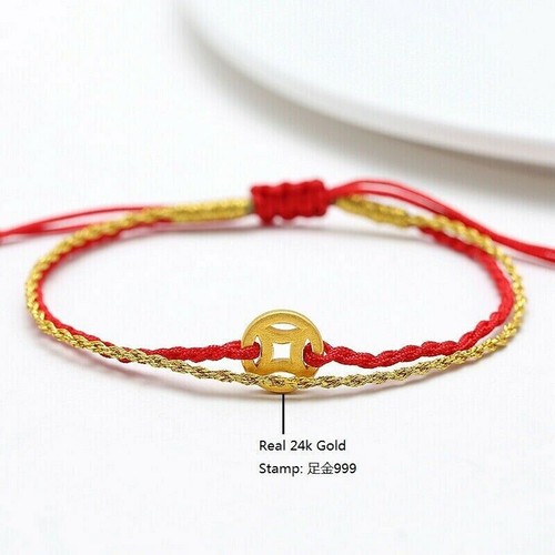 Real 999 24K Yellow Gold Bracelet 3D Craft Coin Bead Lucky Gold Red Cord Bangle - Picture 3 of 5