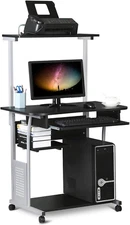 3 Tiers Mobile Computer Desk with Printer Shelf & Keyboard Tray Rolling Computer