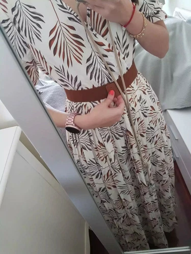 Summer Long Women Dress Bohemian Short Sleeve Loose High Waist Print With Belt  - Picture 8 of 13