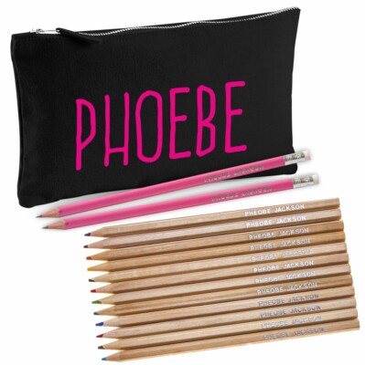 Personalised Black Canvas Pencil Case with 12 Colouring & 2 HB Pink ...