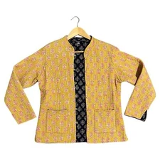 Quilted Reversible Coat Open Cardigan Navy Yellow Women’s Medium Floral Peasant