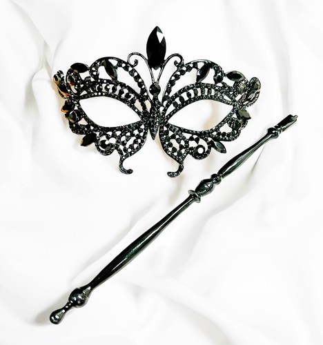 Butterfly Mask with Stick, Masquerade Ball Mask, Black Crystal Masquerade Mask - Picture 7 of 7