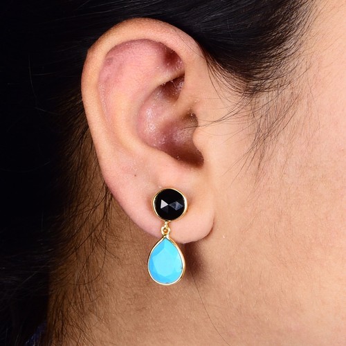 Yellow Gold Plated Double Stone Pear & Round Black Onyx & Turquoise Earrings - Picture 2 of 14
