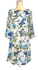 R&K Women's White Blue Green Floral Eyelet Shift Dress Bell Sleeve Stretch 8