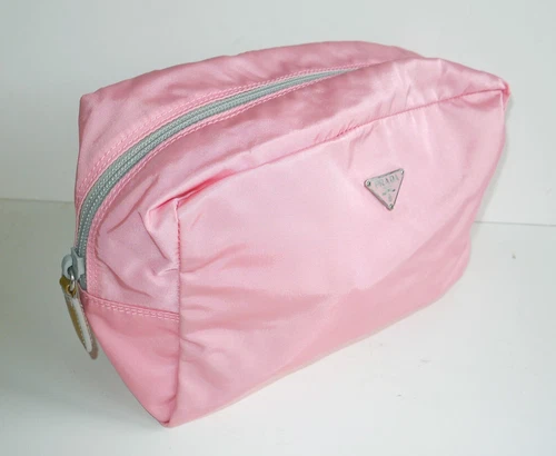 AUTH VINTAGE PRADA WOMEN'S PINK NYLON ZIP TOP COSMETIC PURSE-TRIANGULAR LOGO-EX