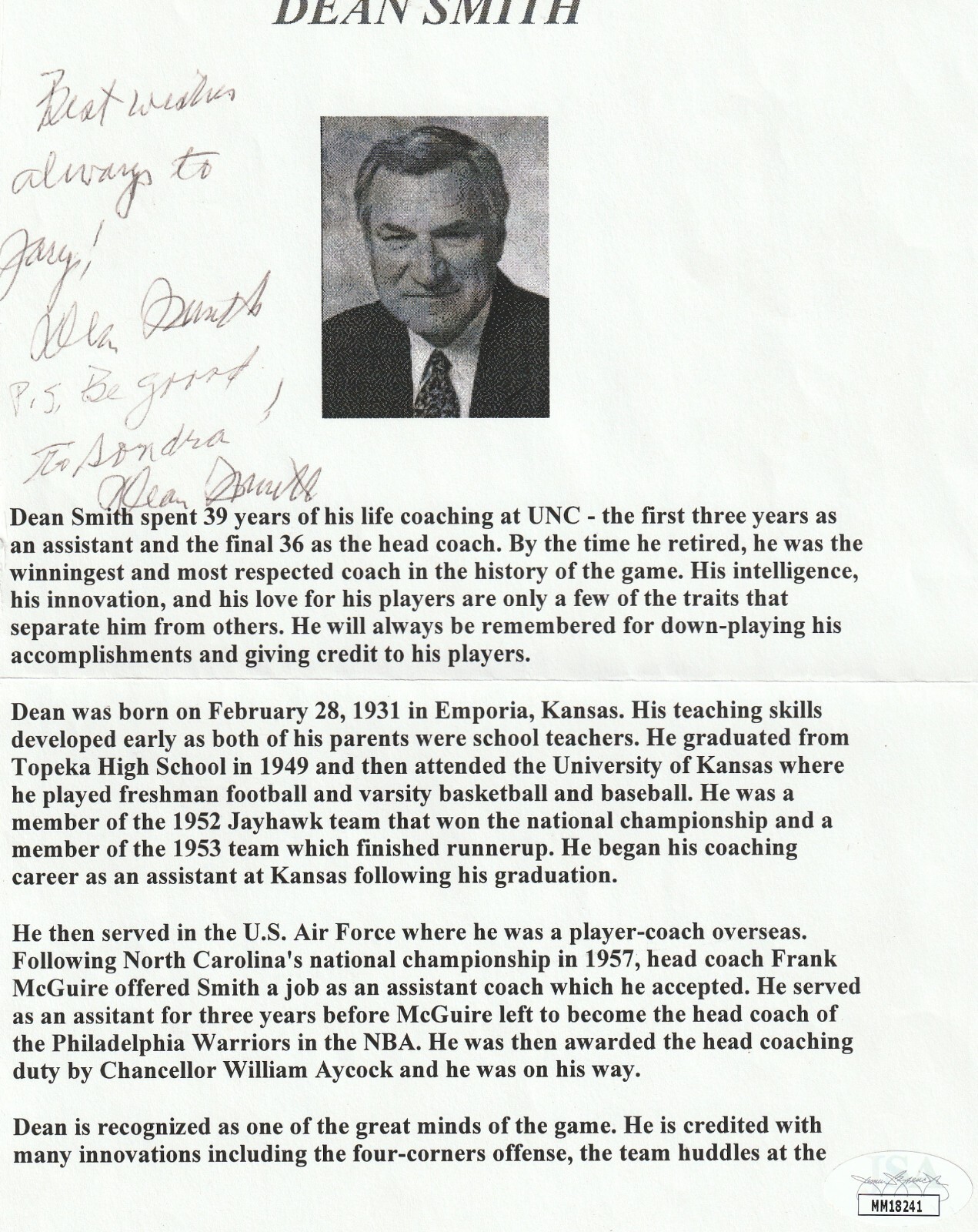 Dean Smith Autographed Signed North Carolina Tar Heels PHOTO UNC JSA COA 