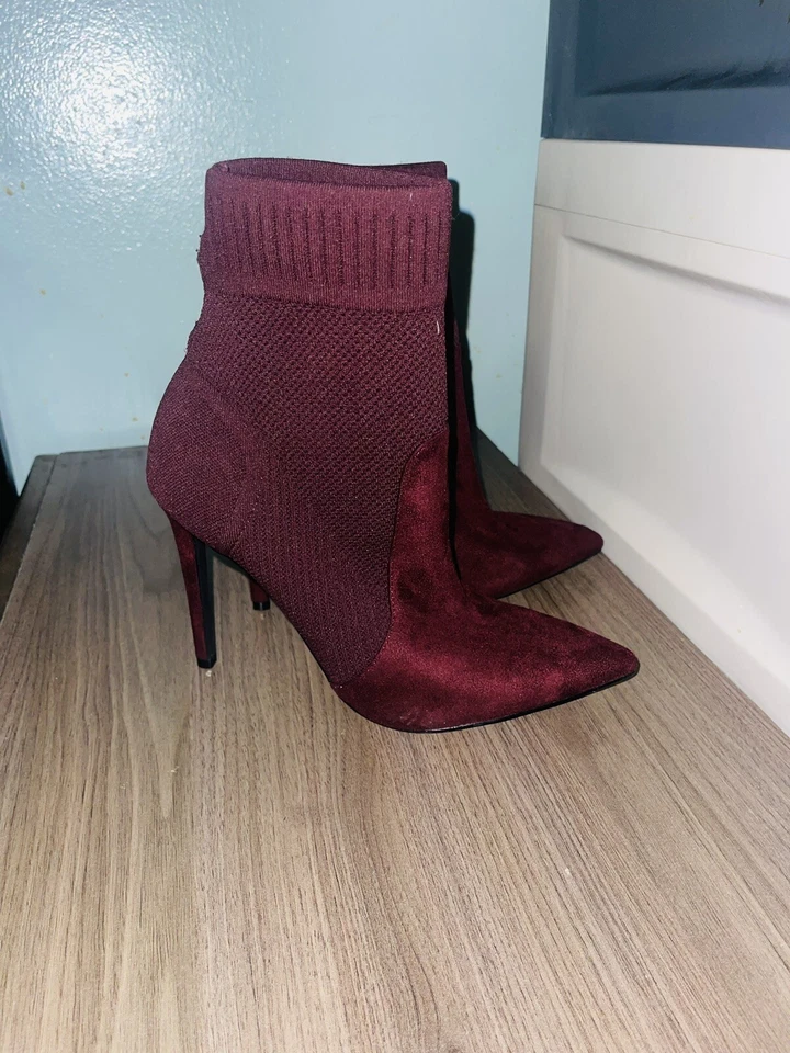 CALL IT SPRIN Burgundy Fabric Pointed Toe Pull On High Heel Ankle Booties Size 9 - Image 2 of 4