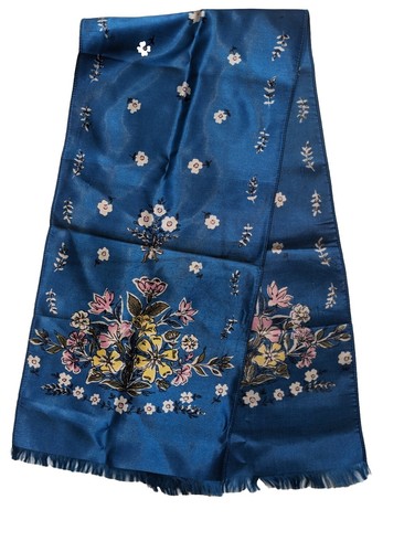 Vintage 50s 40s Blue Floral Bouquet Daisy Satin Long Scarf 35" - Picture 4 of 8