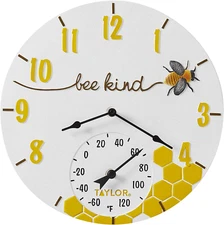 Taylor Bee Kind Poly Resin Indoor and Outdoor Clock and Thermometer, Home Decor 