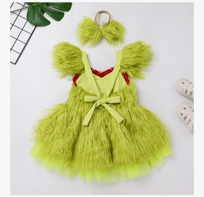 green emerald velvet dress Green Grinch Print Girl Ruffle Dress  R&R Palmetto Sales LLC