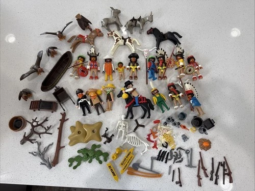 Vintage 1974 - 1989 Playmobil Geobra Native American Indians & Western Acc Lot