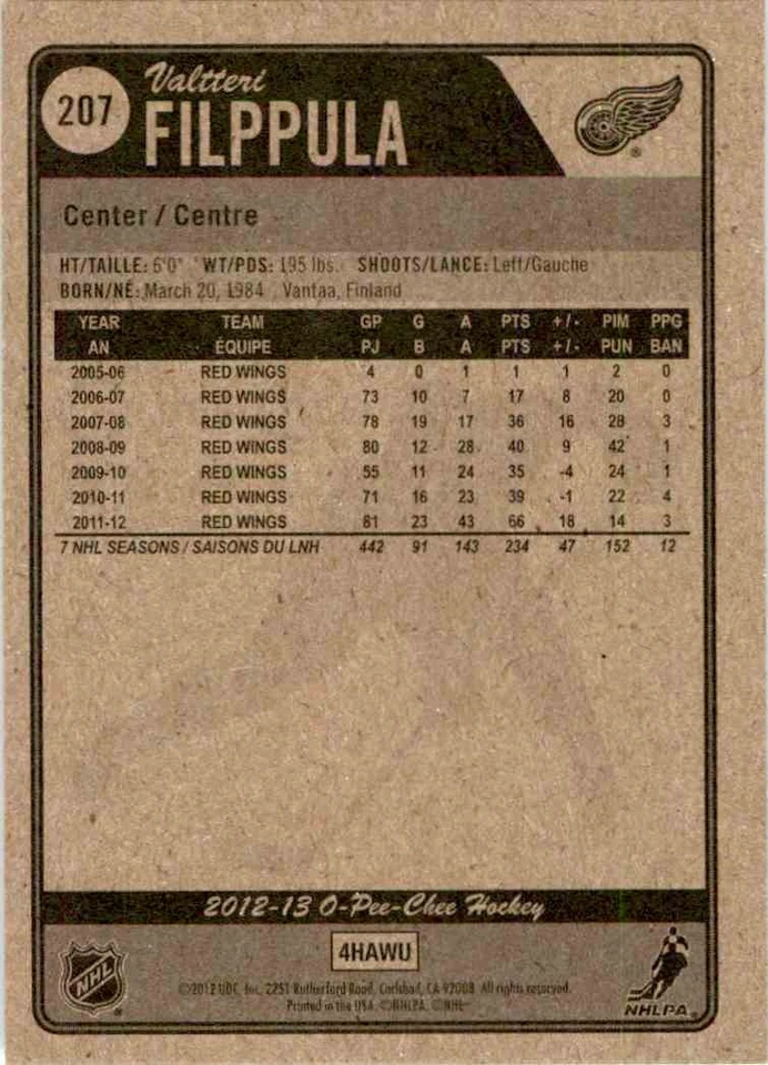 2012-13 O-Pee-Chee Valtteri Filppula #207 - Image 2 of 2