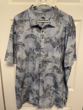 Tommy Bahama Polo Shirt XL Blue Palm Print Supima Cotton Blend Marlin Logo SS