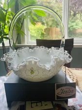 Vintage Fenton Hand Painted Violets Crest Milk Glass Basket Signed W/Sticker 8”