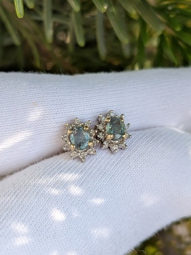 9ct Yellow Gold Brazilian Alexandrite And Diamond Halo Earrings Studs - Picture 4 of 14