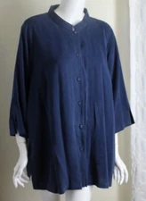 Citron Santa Monica Sz 2X Dusty Blue Silk Linen Imperial Blouse Shirt Top
