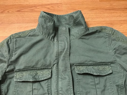 Talbots Utility Jacket Womens M Green Embroidered Full Zip Snap Roll Up Tab - Picture 4 of 11