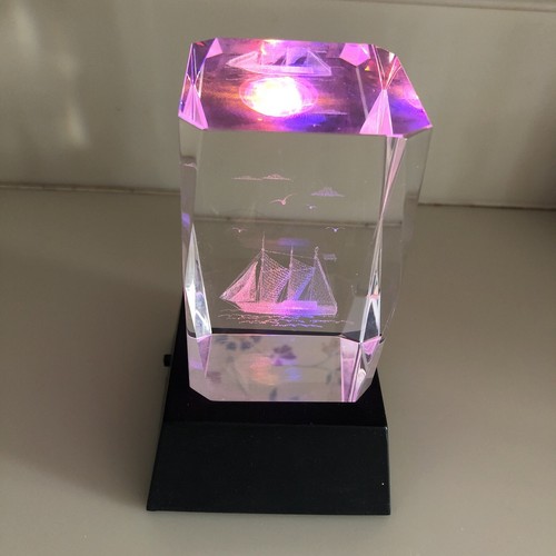 Crystal Glass Laser Etched Sailing Ship Ornament with Illumination Base (24/B4) - Picture 4 of 6