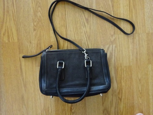 Women's Coach Black Leather Linen Small Tote With Crossbody Strap Purse 9436 - Picture 2 of 5