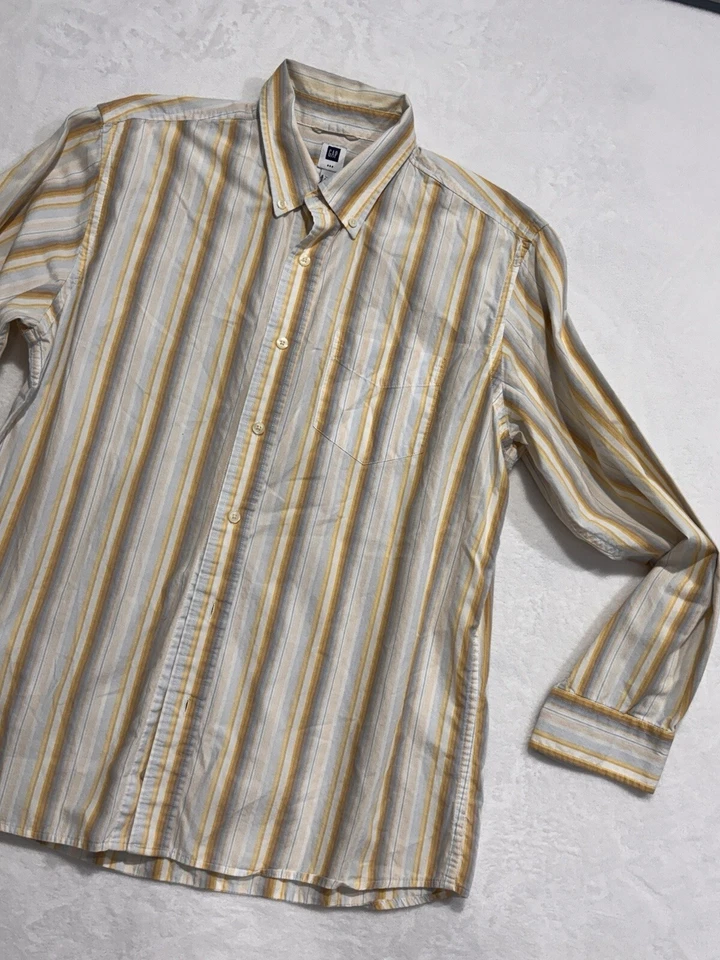 Camisa de vestir clásica de algodón a rayas grande GAP para hombre, amarilla/azul/blanca 470GW5H923 Foto 2 de 4