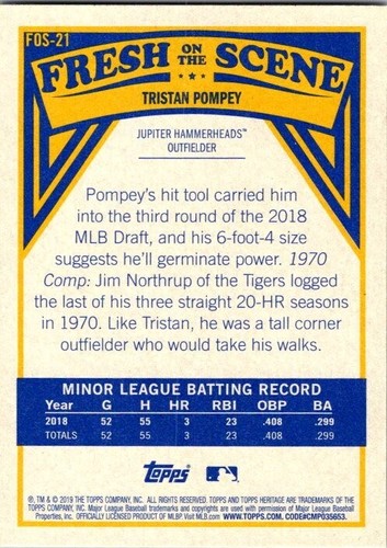 2019 Topps Heritage Fresh on the Scene #FOS-21 Tristan Pompey - Jupiter Hammerhe - Picture 2 of 2