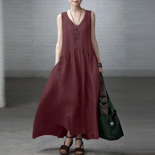 Maxi vestidos retro de playa de lino de algodón informales con cuello en V lisos para mujer - Imagen 6 de 28