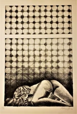 VLADIMIR CORA Large Original PENCIL SIGNED Etching GEOMETRIC FEMALE