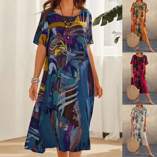 Damen-Maxikleid Mit Retro-Boho-Print Lässiges Kurzarm-Urlaubskleid Größe S- | - Picture 5 of 20