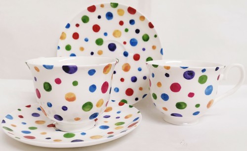 Polka Dot Painted Effect Tea Set for Two Fine Bone China Teapot 2 Cups 2 Saucers - Picture 9 of 11