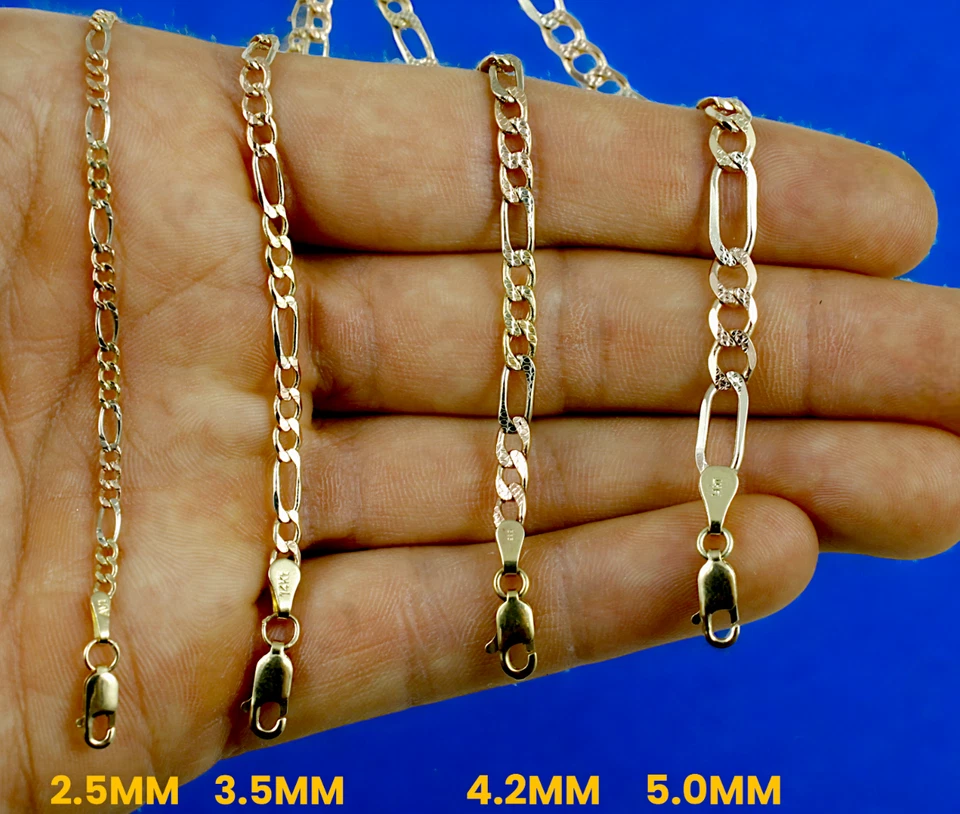 Brazalete Cadena Figaro SÓLIDO Oro Tri Color 14K Corte Diamante 2mm-8.5mm 7"-9" Foto 4 de 4