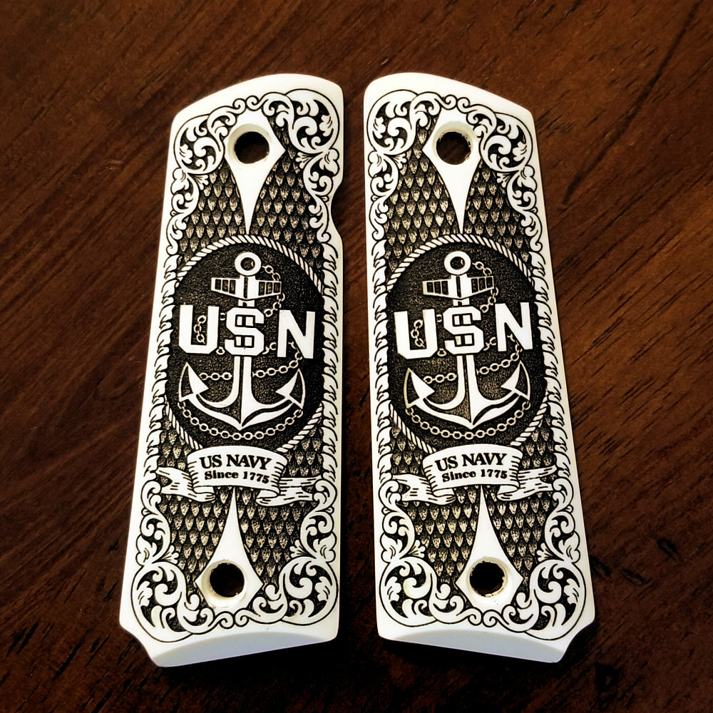 1911 Full Size Custom 3D Engraved Walnut Wood Grips Scroll Cross Psalm 23 4