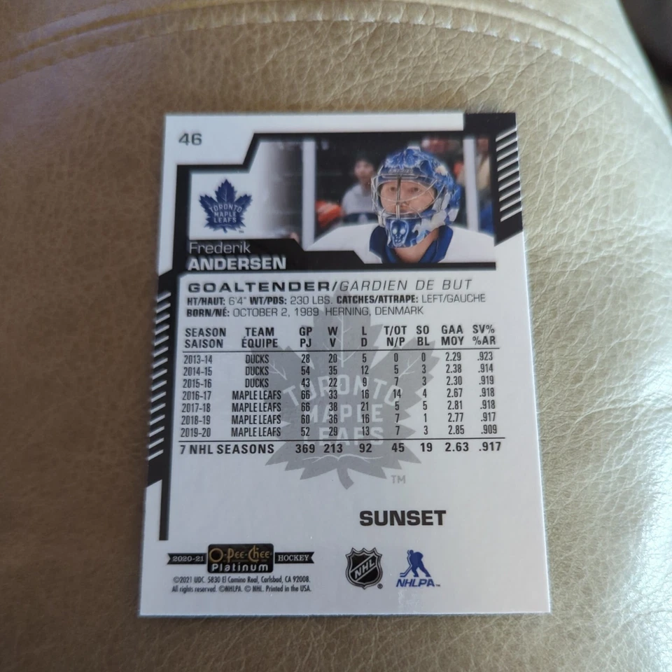 Frederik Anderson 2020-21 O-Pee-Chee Platinum #46 Sunset Parallel Maple Leafs - Image 2 of 2