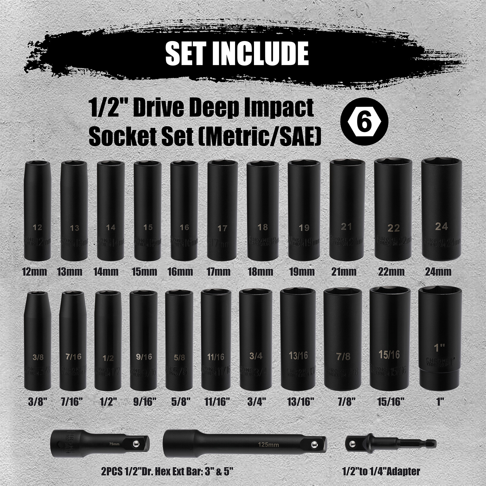 5PCS 1/2" Drive Impact Socket Set Deep Cr-V Steel 6Point Metric&SAE ...