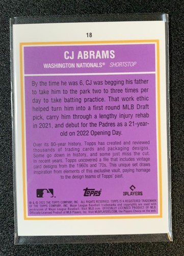 2022 Topps Brooklyn Collection #18 - CJ Abrams - RC Nationals Rookie - Picture 2 of 2
