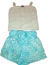 EUC Girls Gap White Crochet Tank and Teal Print PaperBag Shorts Size 5 6