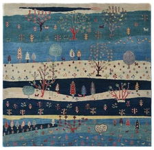 8X8  Handmade Square Oriental Rug Plush Multicolored Pictorial Design Carpet