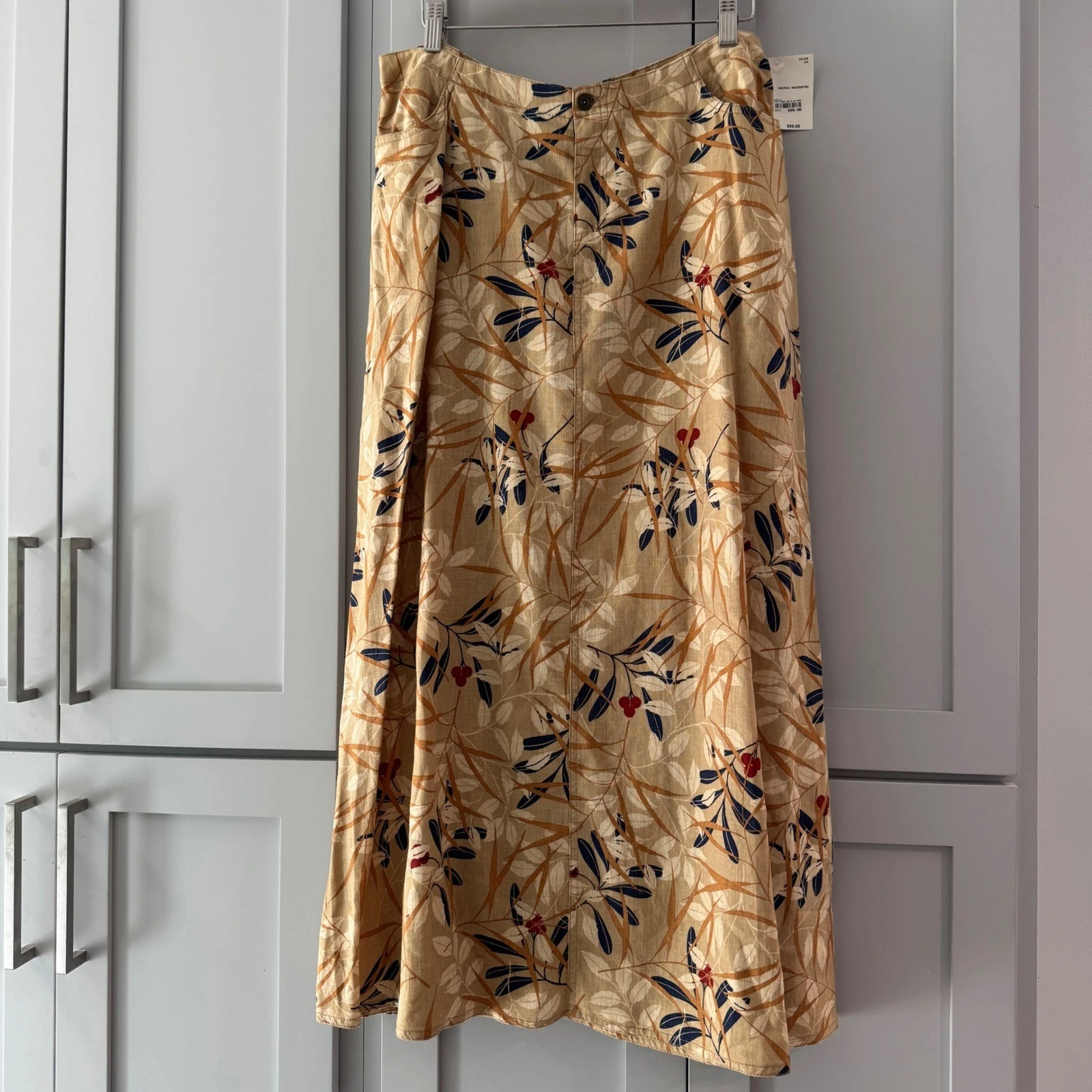 NWT Vintage Liz Claiborne Linen Blend Maxi Skirt Tan Botanical Print Size 14
