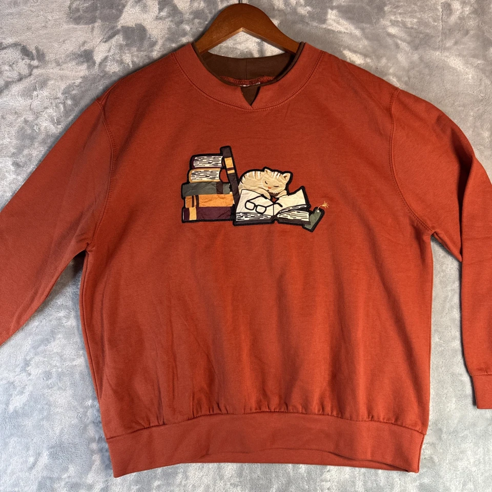 Винтажный Cat книга чтения очки ворота толстовка двойной воротник 80-х 90-х - Изображение 3 из 4