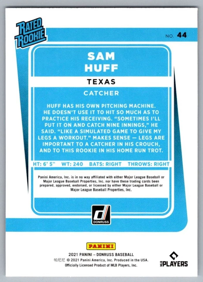 2021 Donruss Sam Huff Rookie Texas Rangers #44 - Image 2 of 2
