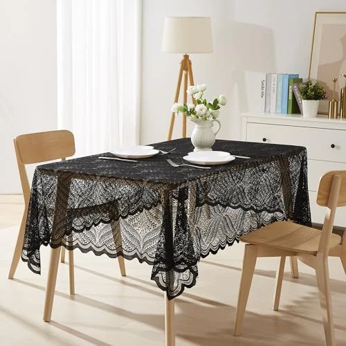  Black Lace Tablecloth. Oblong Tablecloth Measures 60 x 84 Inches. Floral  - Image 2 of 2