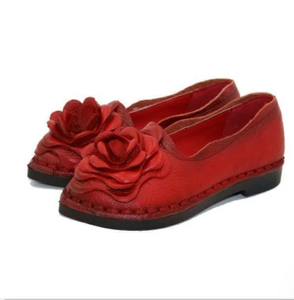 Retro Women's Ladies Leather Floral Decor Shoes Casual Outdoor Slip On Loafers - Image 2 of 4