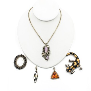 Southwest Sterling Black Onyx MoP Amber Necklace Pendants Pin Lot of 5 #S5365 3