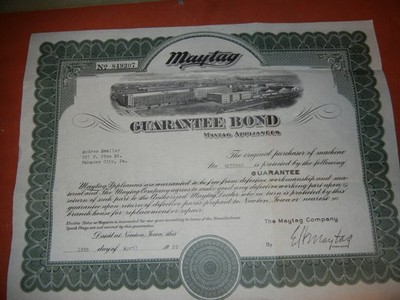 1929 MAYTAG GUARANTEE BOND SIGNED BY E.H. MAYTAG SON OF FOUNDER FREE SHIP
