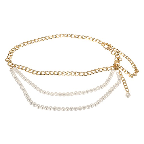 FüR Frauen Metall TaillengüRtel, Gliederketten GüRtel Mit Perlen (Gold)-image