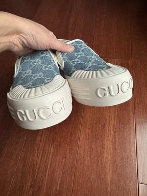 Gucci Women Delave GG Logo Platform Slip On Sneakers Denim Blue