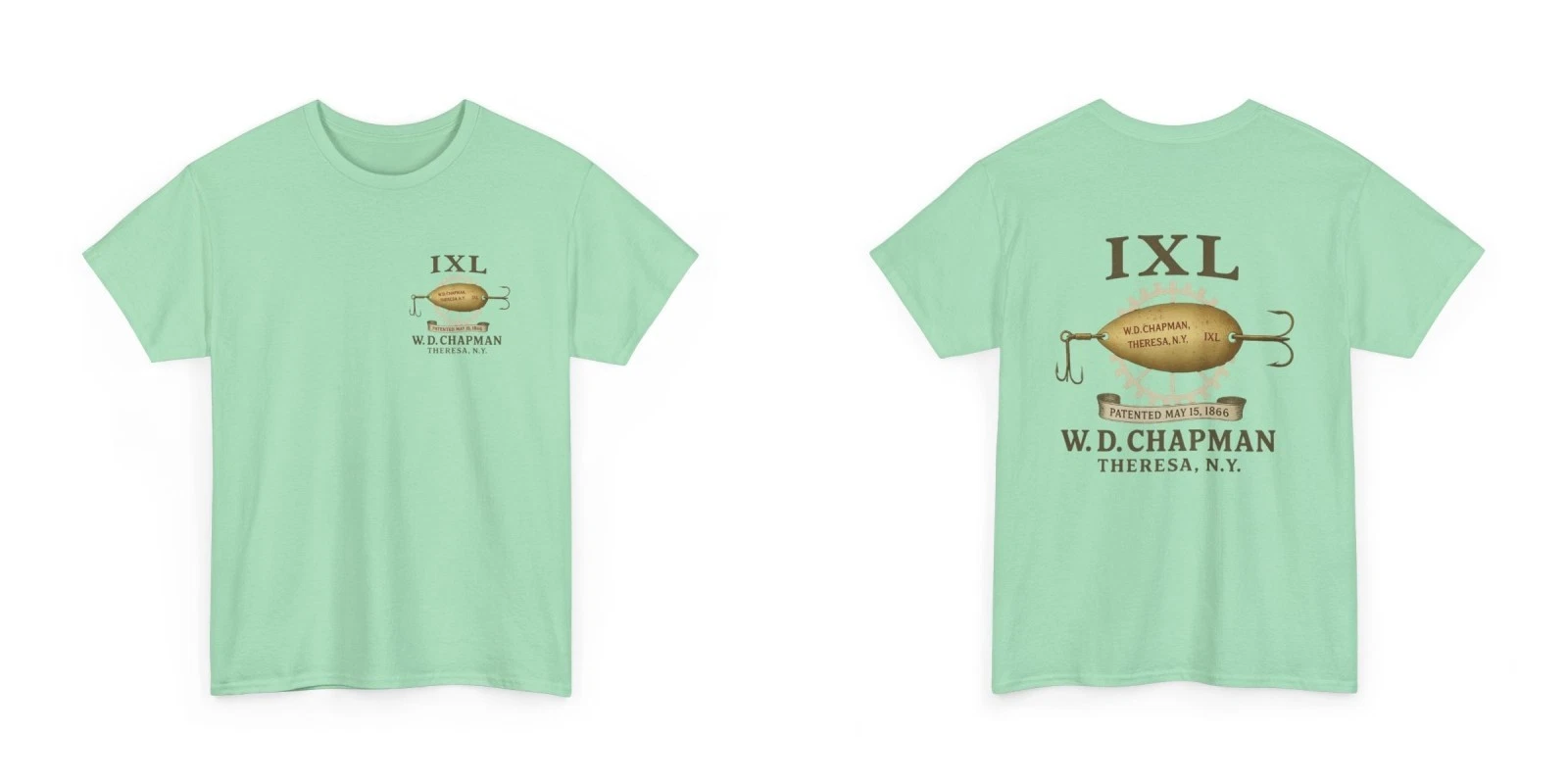 W.D. Chapman IXL Vtg Lure Theresa NY Pat. 1866 Fishing Spinner Graphic T-Shirt